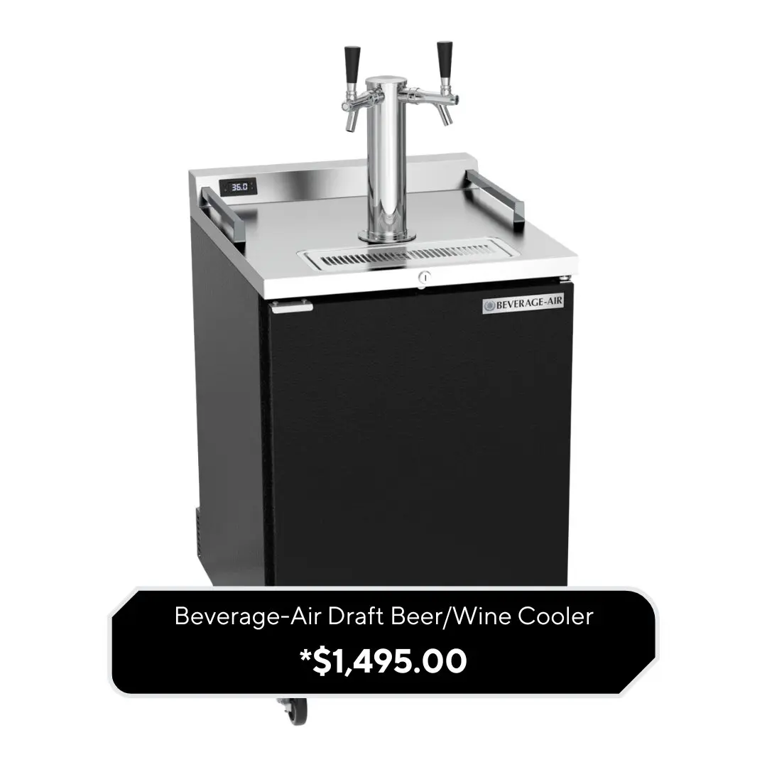 Black draft beer and wine cooler with dual tap tower on top and digital temperature display; labeled “Beverage-Air Draft Beer/Wine Cooler” with price $1,495.00.