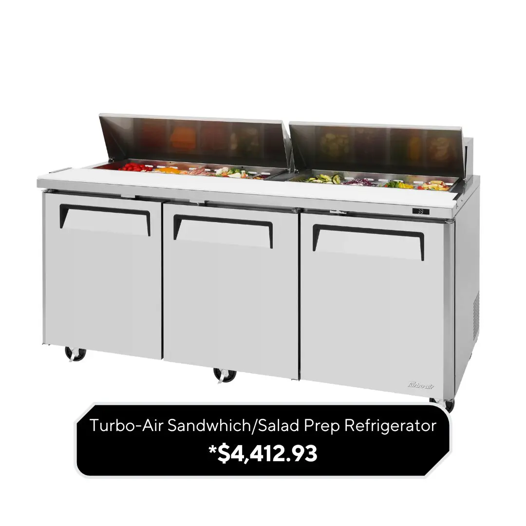 Stainless steel three-door sandwich and salad prep refrigerator with open ingredient wells on top, filled with fresh toppings; labeled “Turbo-Air Sandwich/Salad Prep Refrigerator” with price $4,412.93.