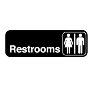 Black polystyrene unisex restroom sign has woman and man icons says restrooms