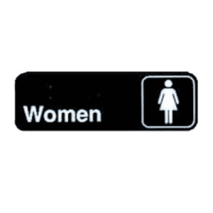 Black polystyrene women's restroom sign with the word women and woman icon