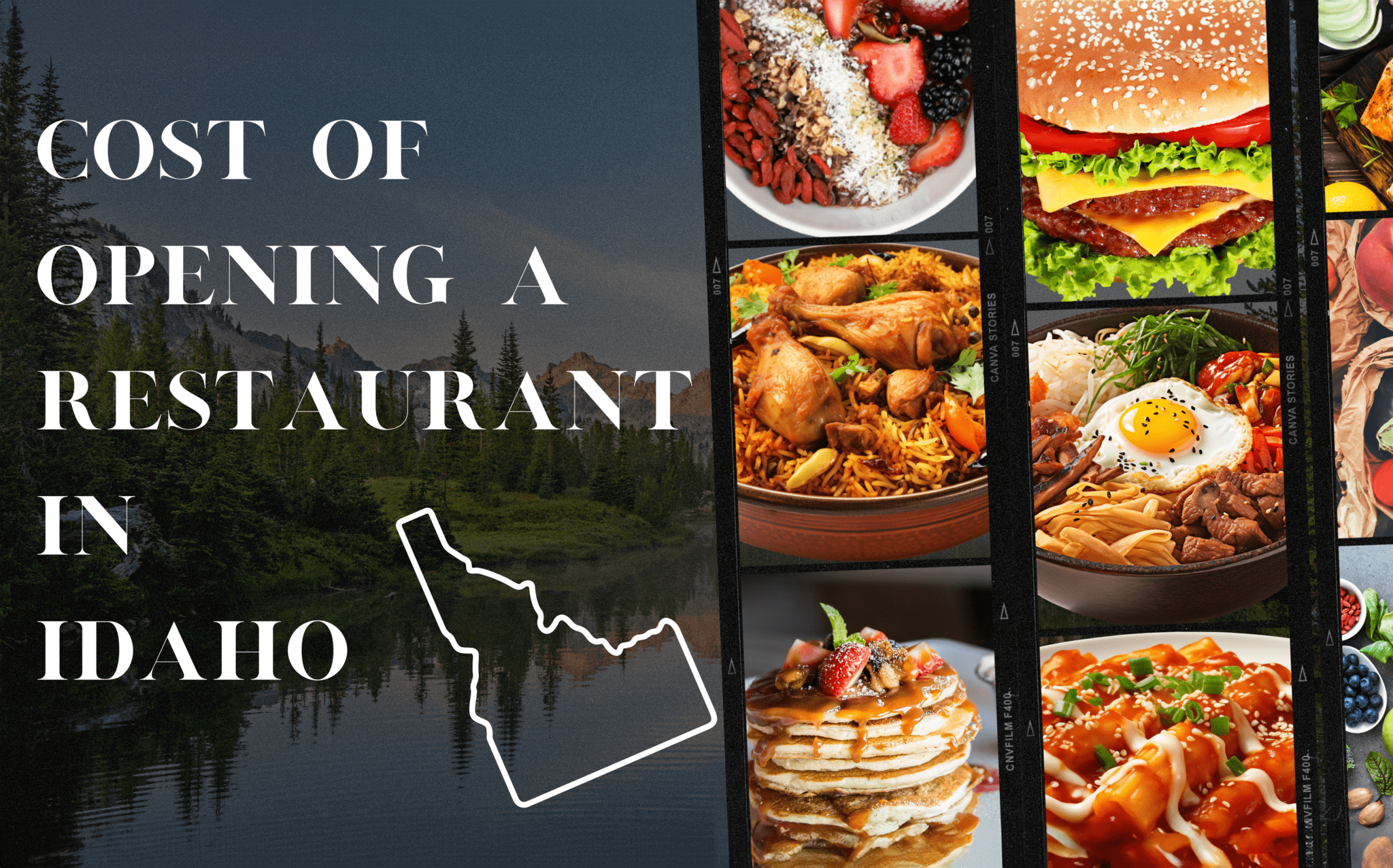 Diverse array of delicious dishes representing the costs of opening a restaurant in Idaho with scenic Idaho backdrop.