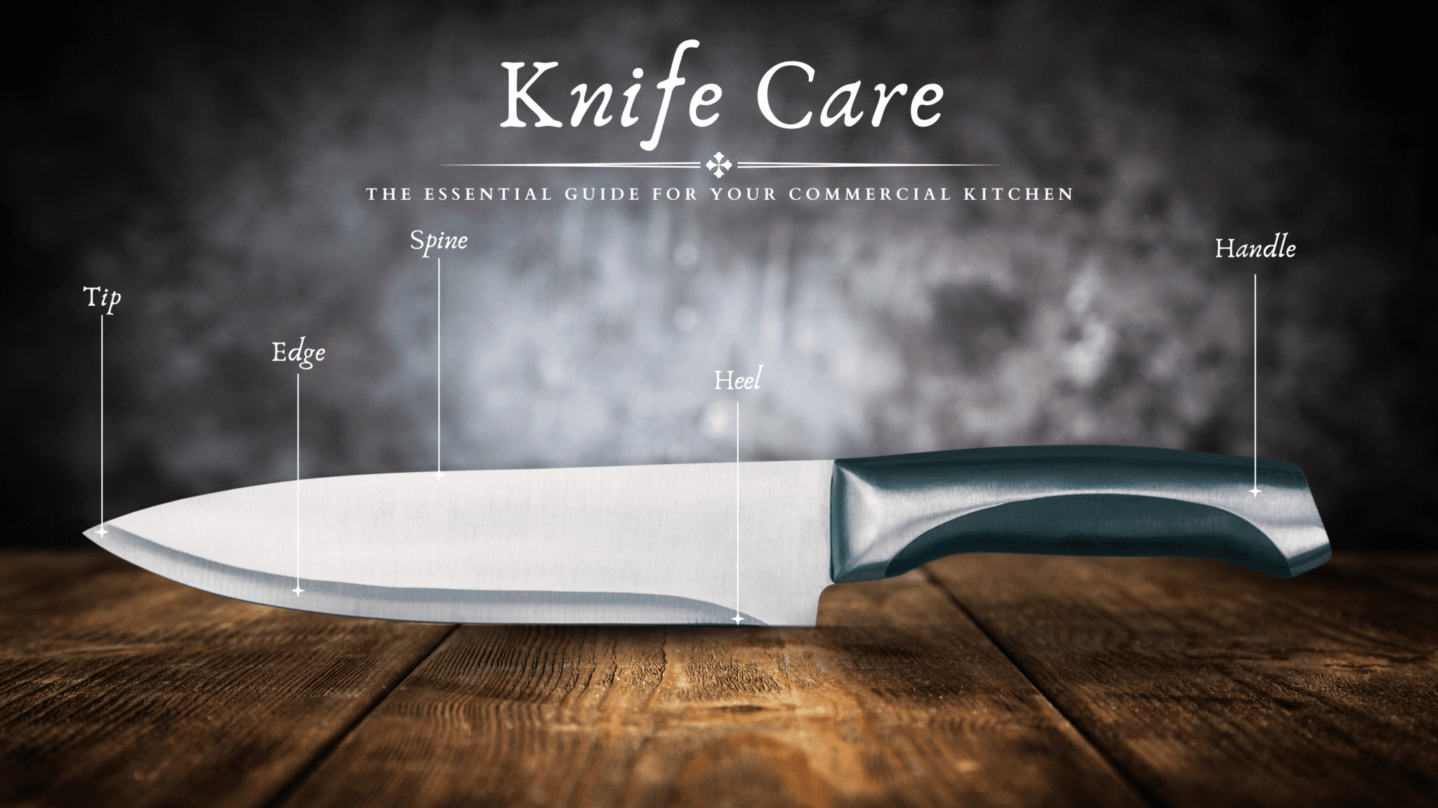 Illustrative photo of a chef's knife with parts labeled: tip, edge, heel, spine, and handle, set against a dark, smoky background.